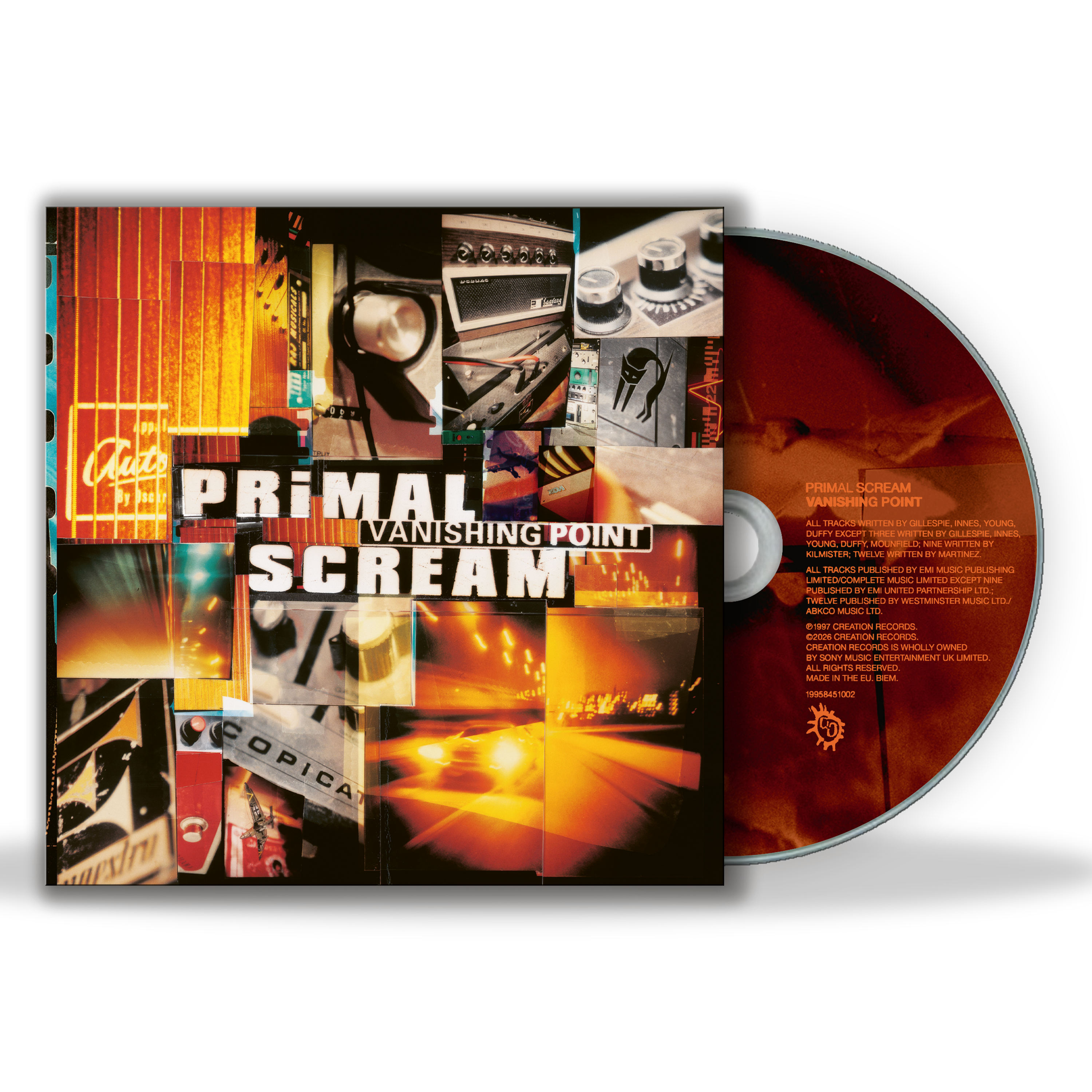 CD with 'Primal Scream' album cover featuring a collage of images and text.