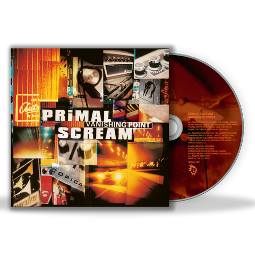 CD with 'Primal Scream' album cover featuring a collage of images and text.