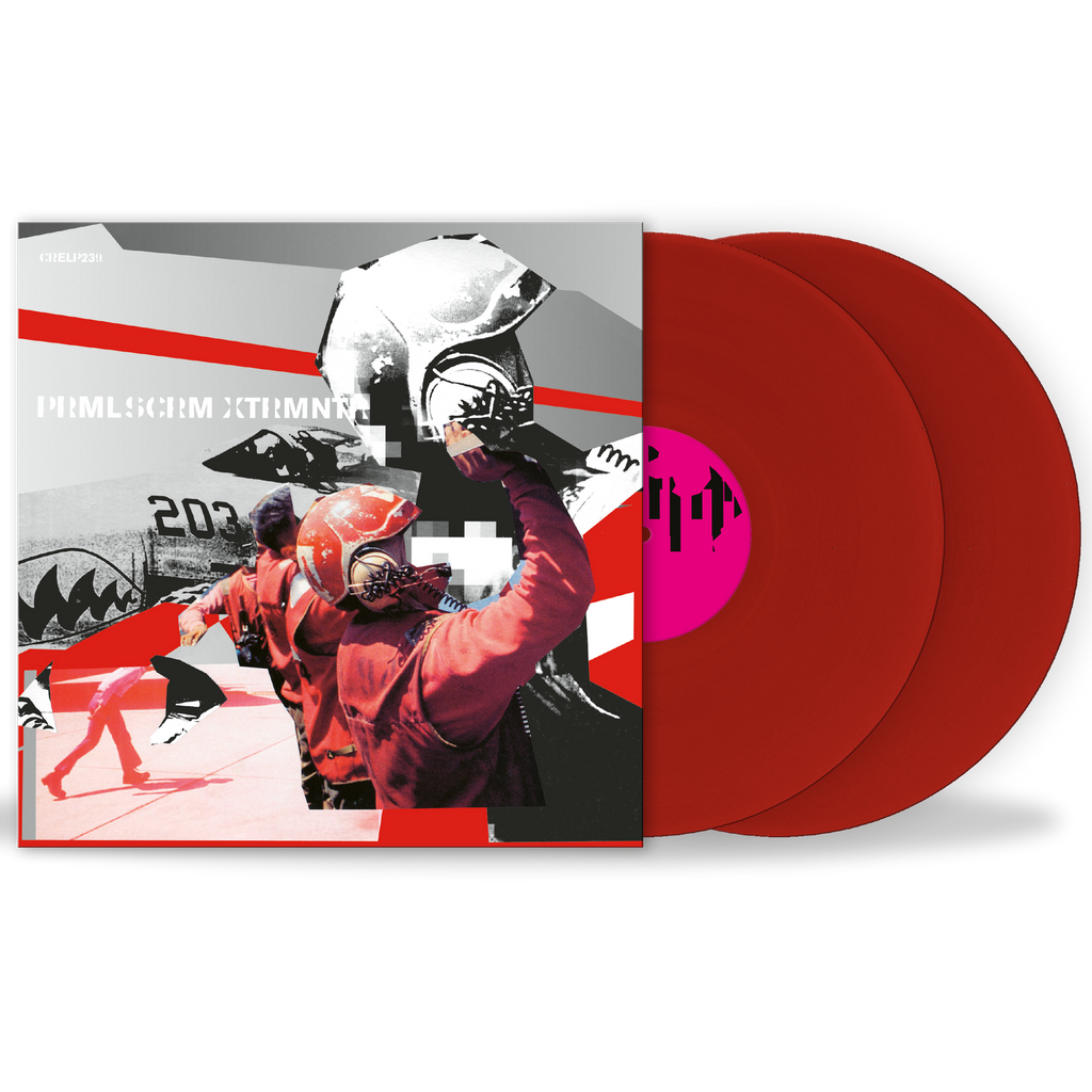 Red vinyl records with a graphic design on the cover featuring a person in a helmet and racing gear.