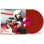 Red vinyl records with a graphic design on the cover featuring a person in a helmet and racing gear.