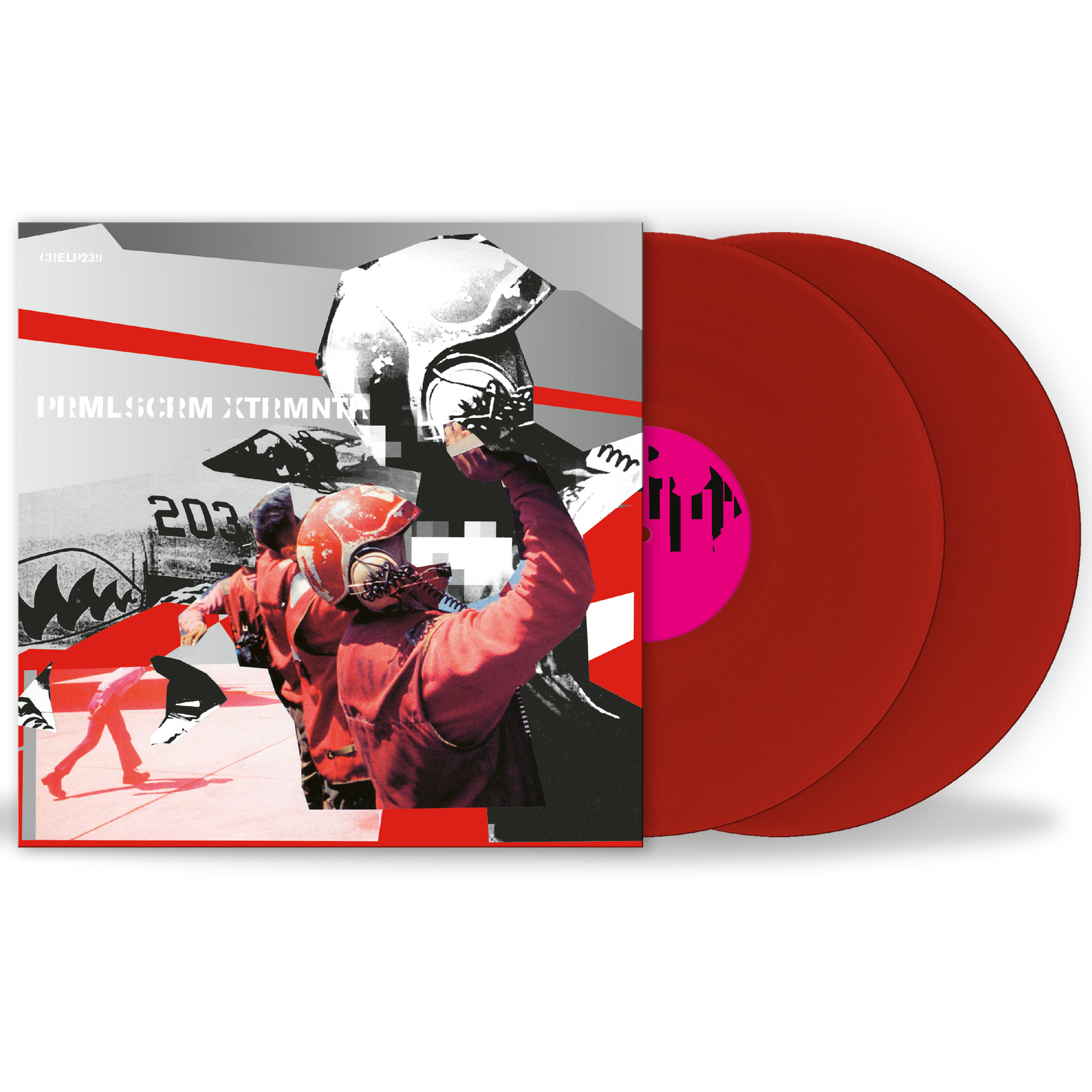 Red vinyl records with a graphic design on the cover featuring a person in a helmet and racing gear.