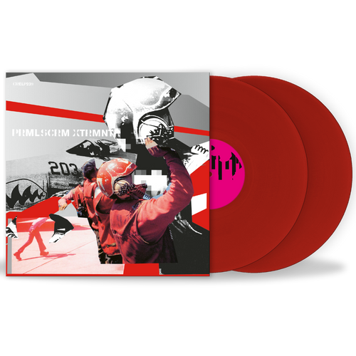 Red vinyl records with a graphic design on the cover featuring a person in a helmet and racing gear.