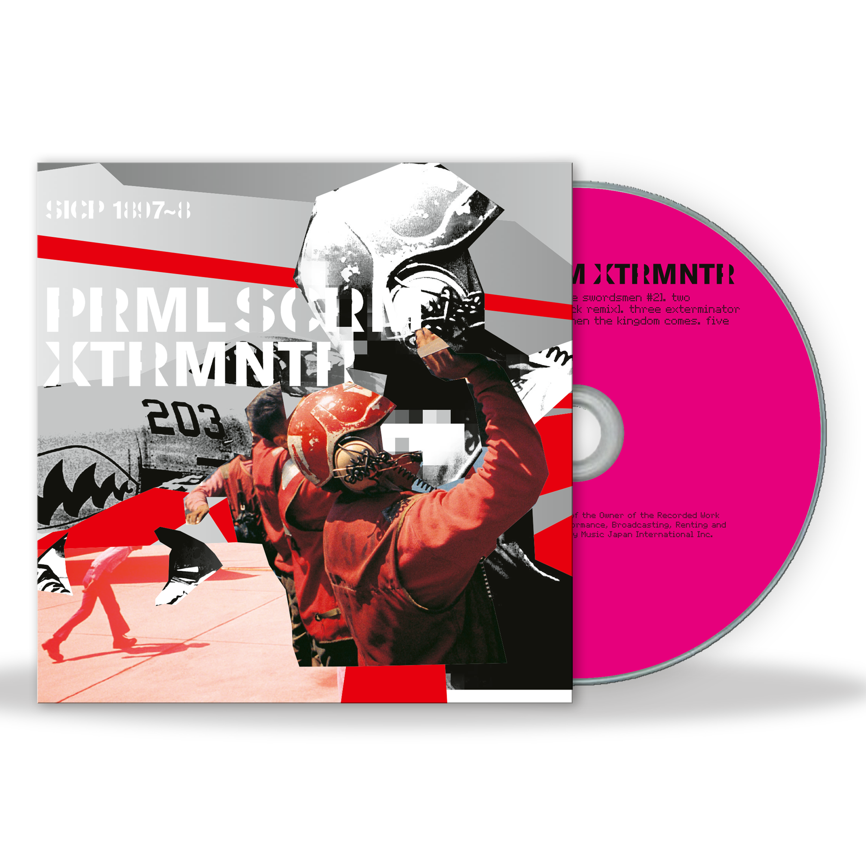 CD with a colorful cover featuring a person in a red jacket and helmet, with a pink disc.